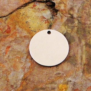 May include: A blank, round, silver metal tag with a hole at the top. The tag is sitting on a brown, textured surface.