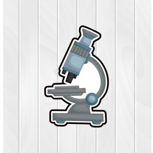 May include: A cartoon illustration of a gray microscope with a black outline. The microscope is on a white wood background.