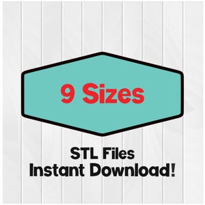 Puede incluir: Una forma geométrica turquesa con un contorno negro y las palabras "9 Sizes" en rojo. Debajo, el texto "STL Files Instant Download!" está escrito en negro. El fondo es blanco con paneles de madera verticales.
