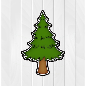 May include: A cartoon illustration of a green pine tree with a brown trunk on a white wood background.