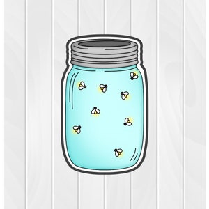 May include: A blue glass jar with a silver lid filled with glowing fireflies. The jar is on a white wood background.