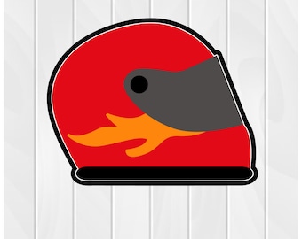 May include: A red racing helmet with a black visor and a yellow flame design.