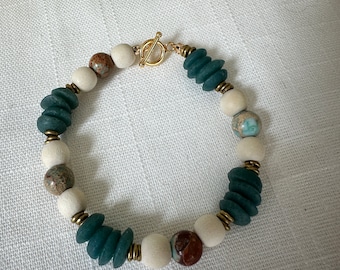 Jasper and Sea Glass Bracelet, Beachy Bracelet, Beaded Bracelet, Boho Bracelet, Sea Glass Jewelry, Natural Stone Jewelry, Birthday Gift