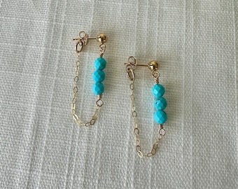 Turquoise and Gold Chain Earrings, Front Back Earrings, Chain Hoops, Genuine Turquoise Bead Earrings, Dainty Jewelry, Gift for Her