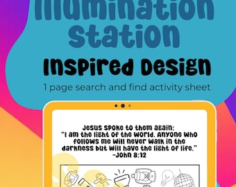 Hoja de actividades de búsqueda inspirada en Illumination Station - Descarga digital - Escuela Bíblica de Vacaciones - Juan 8:12