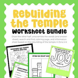 May include: A worksheet bundle titled "Rebuilding the Temple" with a lime green border. The bundle includes search and find, unscramble, coloring, and information sheets. The text on the worksheets is in black and white, with the title in yellow and black.
