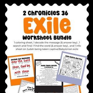 Puede incluir: Un paquete de hojas de trabajo titulado "2 Crónicas 36 Exile" con múltiples hojas. Incluye una hoja para colorear, una hoja para decodificar mensajes, una búsqueda de palabras y una hoja informativa sobre la cautividad de Judá. Las hojas de trabajo son de estilo polaroid.