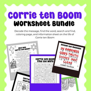 May include: A worksheet bundle featuring Corrie ten Boom. Includes a word search, a decode the message activity, a coloring page, and an information sheet. The bundle has a light green background with the title in purple and black frames.