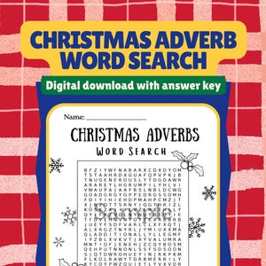 Könnte beinhalten: Ein weihnachtliches Suchsel-Puzzle mit dem Titel "CHRISTMAS ADVERB WORD SEARCH" als digitaler Download. Das Puzzle enthält ein Buchstabenraster und eine Liste von Adverbien zum Finden. Der Hintergrund ist rot und gelb.