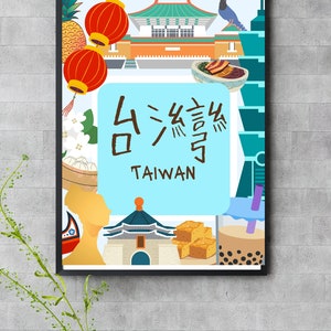 May include: A colorful illustration of Taiwanese landmarks and food. The image includes a pineapple, red lanterns, a traditional building, a bowl of food, a pagoda, a cup of bubble tea, and the text "TAIWAN".