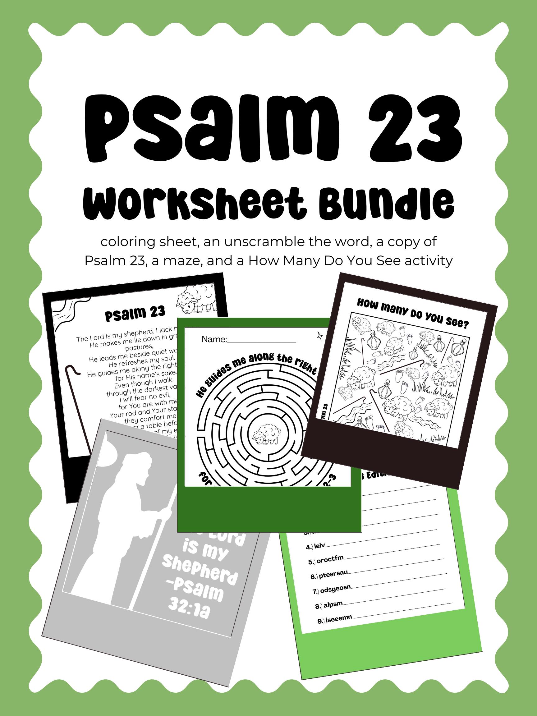 Psalm 23 Worksheet Bundle - 5 Page Digital Download for Sunday School ...