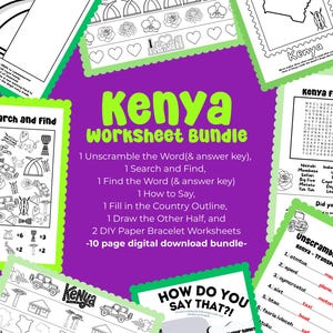 May include: A digital download bundle of Kenya-themed worksheets. The bundle includes activities like unscrambling words, search and find, and drawing. The worksheets feature images of Kenyan landmarks and cultural elements, with a purple background.