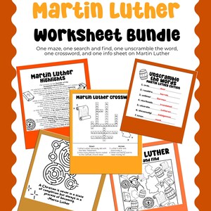 Può includere: Un pacchetto di schede didattiche su Martin Lutero che include cinque pagine educative: un foglio informativo, un cruciverba, un esercizio di riordino parole, un labirinto e una pagina di ricerca. I documenti presentano bordi di colore arancione.