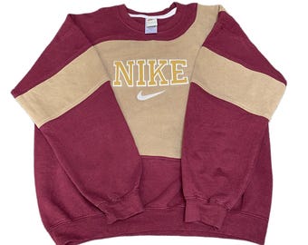 Nike Reworked Sweatshirt Herren L Beige Burgund Besticktes Spellout-Logo Vtg Y2K