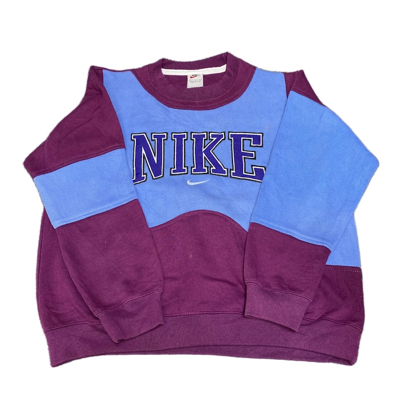 Nike Reworked Sweatshirt Mens S Burgundy Blue Embroidered Spellout Logo Vtg Y2K image 1