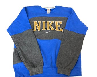 Nike Reworked Sweatshirt Mens S Blue Grey Embroidered Spellout Logo Vintage Y2K