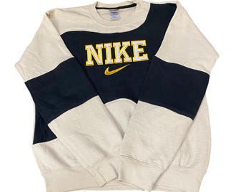 Sudadera Nike Reworked para hombre, talla S, negra, beige, logotipo bordado, estilo vintage Y2K
