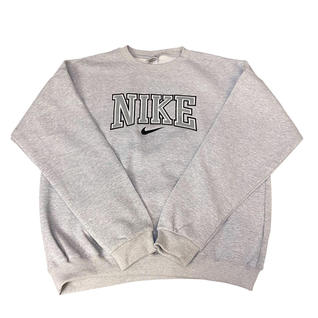 Mnike Reworked Nike Reworked Sweatshirt Men XL Grey Comfy Embroidered Spellout Logo ...