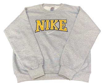 Nike Reworked Sweatshirt Mens Small Grey Embroidered Spellout Logo Vintage Y2K