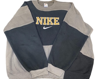 Nike Reworked Sweatshirt Mens L Black Grey Embroidered Spellout Logo Vintage Y2K