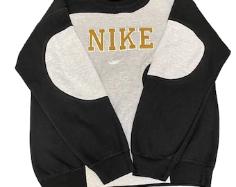 Nike Reworked Sweatshirt Mens M Black Grey Embroidered Spellout Logo Vintage Y2K