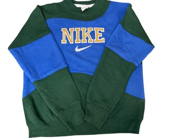 Nike Reworked Sweatshirt Mens Small Green Blue Embroidered Spellout Logo Vtg Y2K