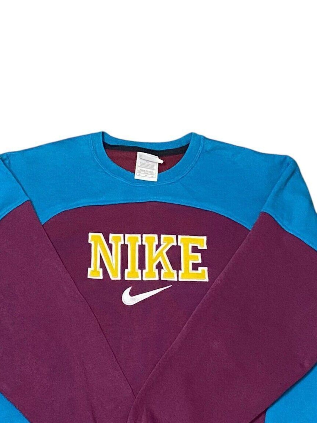 Mnike Reworked Nike Reworked Sweatshirt Mens Medium Blue Red Spellout Logo Crew Neck ...