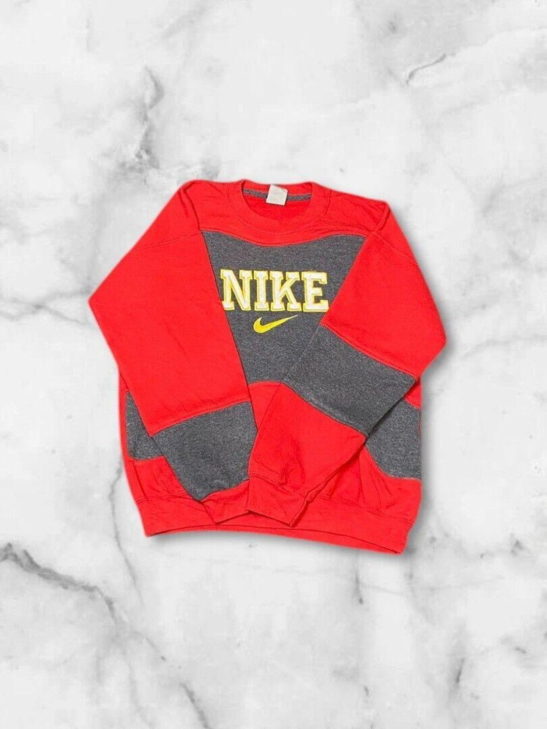 Mnike Reworked Nike Reworked Sweatshirt Mens Medium Red Grey Spellout Logo Crew Neck ...