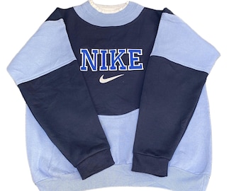 Nike Reworked Sweatshirt Mens M Blue Navy Embroidered Spellout Logo Vintage Y2K
