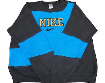 Nike Reworked Sweatshirt Mens Large Blue Black Embroidered Spellout Logo Vtg Y2K