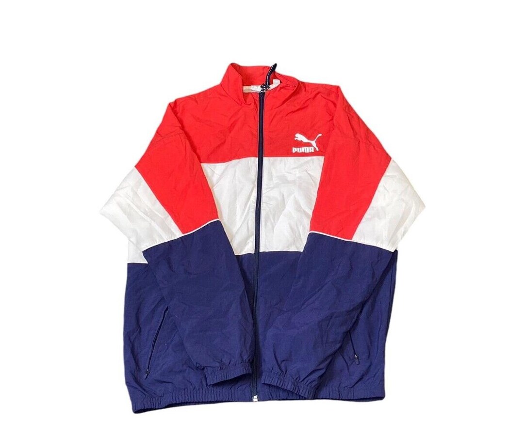 Puma Windbreaker Jacket Men s M Red White Blue Logo Long Sleeve Outdoor Full Zip Etsy