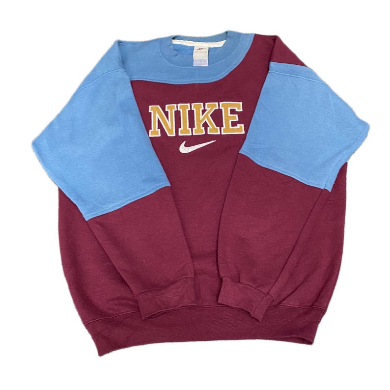 Nike Reworked sweater heren L blauw bordeaux geborduurd speloutlogo Vtg Y2K afbeelding 1