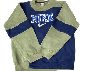 ナイキ リワーク スウェットシャツ メンズ M ネイビー グリーン 刺繍 スペルアウト ロゴ ヴィンテージ Y2K