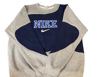 Nike Reworked Sweatshirt Mens L Navy Grey Embroidered Spellout Logo Vintage Y2K