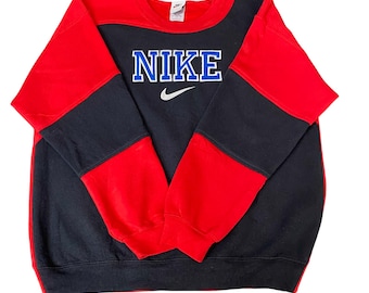 Nike Reworked Sweatshirt Mens Large Red Black Embroidered Spellout Logo Vtg Y2K