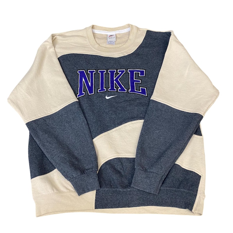 Nike Reworked Sweatshirt Mens Large Cream Grey Embroidered Spellout Logo Vtg Y2K image 1