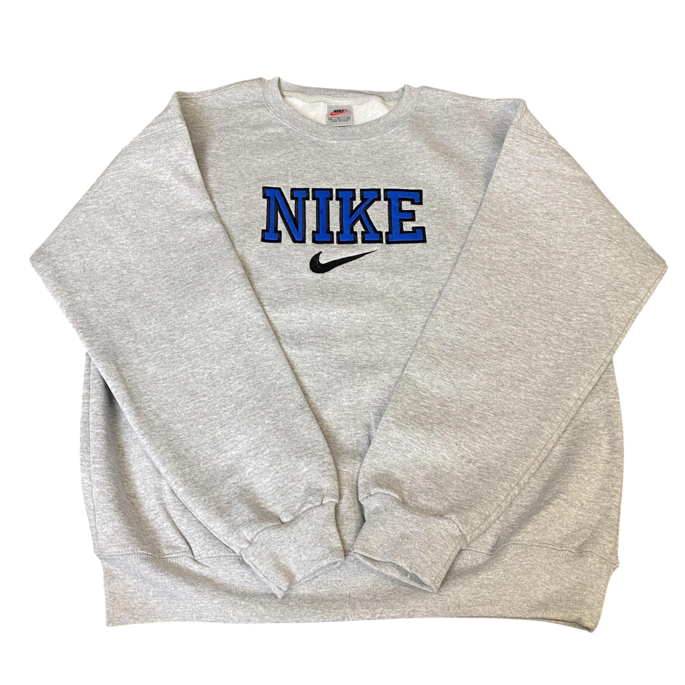 Nike Reworked Sweatshirt Embroidered Spellout Logo Grey Mens M L