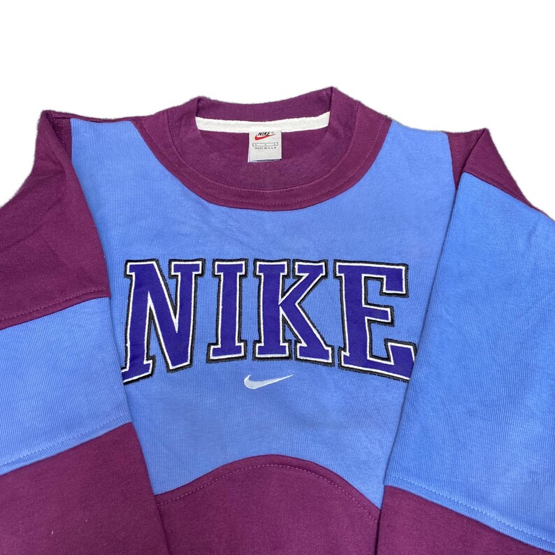 Nike Reworked Sweatshirt Mens S Burgundy Blue Embroidered Spellout Logo Vtg Y2K image 2
