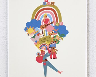 May include: A colorful illustration of a woman carrying a large bouquet of items, including a rainbow, a guitar, a teddy bear, a sun, a cloud, a mailbox, and a toy truck. The woman is wearing a blue jumpsuit and a red heart. The text "I love you" is visible on a yellow envelope.
