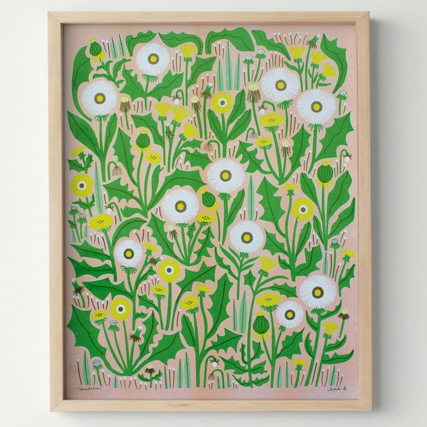 Dandelion Risograph Print: Green, Gold, and Peach Botanical Art (11x14)