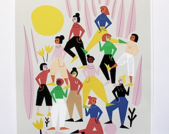 May include: A colorful art print featuring a group of stylized figures in various poses. The figures are dressed in a variety of solid colors, including red, yellow, green, and blue. A yellow sun and pink leaf shapes are in the background. The text "Keep your balance" is at the bottom.