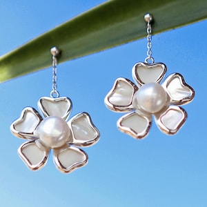 Pearl & Mother-of-Pearl Flower Earrings: Sterling Silver Boho Jewelry
