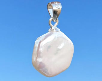 Hexagonal Pearl Pendant in Sterling Silver | Real Geometric Baroque Pearl, Rhodium Plated