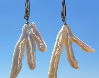 Long Irregular Baroque Pearl Statement Earrings | Sterling Silver