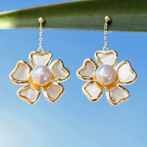 Gold Vermeil Mother-of-Pearl Flower Earrings: Baroque Pearl Drop, Floral Jewelry