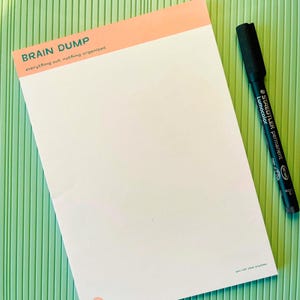 May include: A white notepad with a peach-colored header featuring the text BRAIN DUMP and everything out, nothing organized. The bottom includes the text you can stop anytime and a small logo. A black Staedtler Lumocolor permanent marker is included.