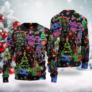 Christmas Bright Neon Lighting Ugly Christmas Sweater, Santa Claus Neon Christmas Sweater, Reindeer Neon Light Xmas Sweatshirt, Xmas Party