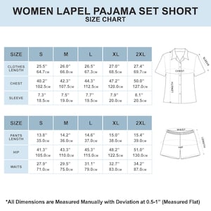 The image is a size chart for women's lapel pajama set short, providing measurements for various sizes such as S, M, L, XL, and 2XL. The chart includes measurements for clothes length, chest, sleeve, waist, and hip, as well as the corresponding waist and hip measurements for each size. The chart also includes a waist and hip measurement for the 2XL size. The image is a collage of multiple images, and the text is described in a way that avoids redundancy and uses clear, concise language.