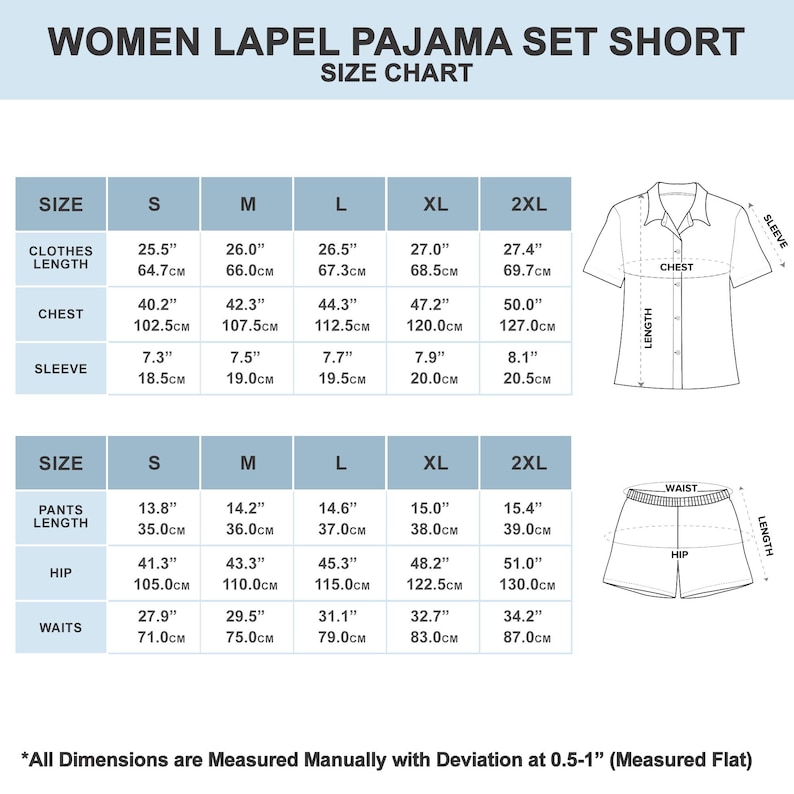 The image is a size chart for women's lapel pajama set short, providing measurements for various sizes such as S, M, L, XL, and 2XL. The chart includes measurements for clothes length, chest, sleeve, waist, and hip, as well as the corresponding waist and hip measurements for each size. The chart also includes a waist and hip measurement for the 2XL size. The image is a collage of multiple images, and the text is described in a way that avoids redundancy and uses clear, concise language.