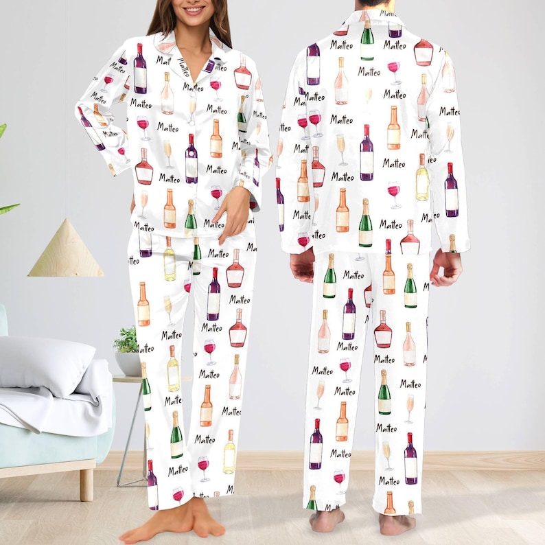 Personalized Wine Bottles Pajamas Set, Customized Alcoholic Pajamas, Drinking Party Theme, Birthday Gift, Gift For Friend image 3